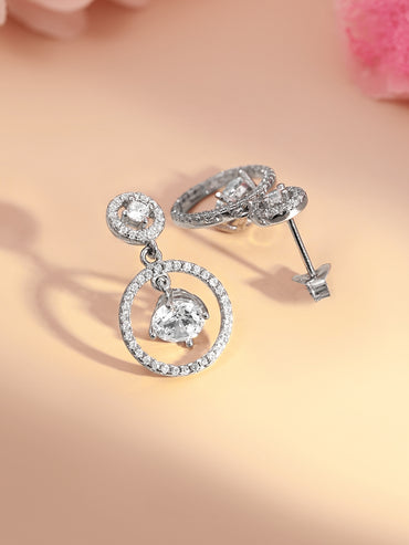 925 Fine Silver Halo Diamond Circle Drop Earrings