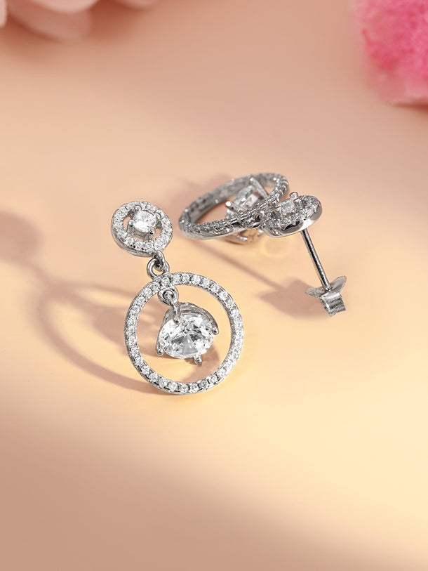925 Fine Silver Halo Diamond Circle Drop Earrings