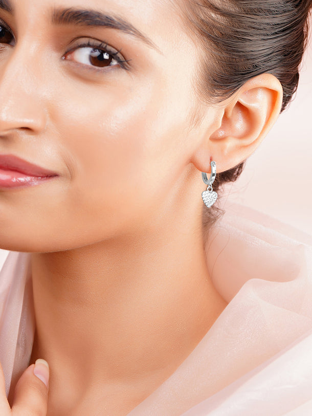 925 Fine Silver Crystal Heart Hoop Drop Earrings