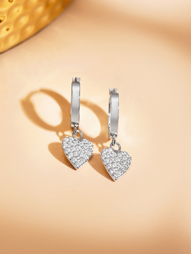925 Fine Silver Crystal Heart Hoop Drop Earrings
