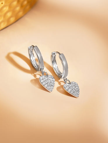 925 Fine Silver Crystal Heart Hoop Drop Earrings