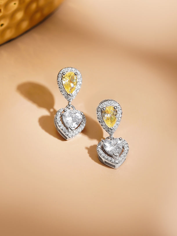 925 Fine Silver Rhodium Plated American Diamond Zirconia Yellow Citrine Heart Drop Earrings