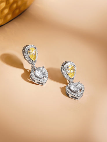 925 Fine Silver Rhodium Plated American Diamond Zirconia Yellow Citrine Heart Drop Earrings