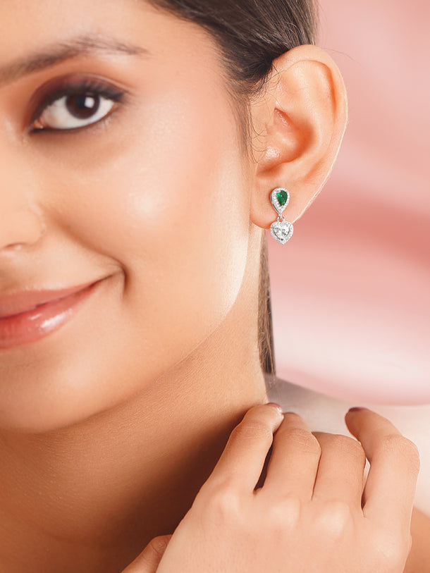 925 Fine Silver Rhodium Plated Emerald Green Heart Drop Earrings