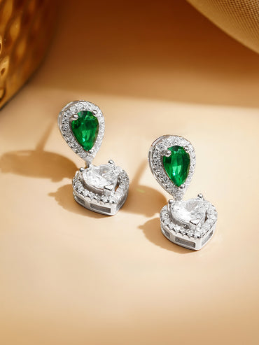 925 Fine Silver Rhodium Plated Emerald Green Heart Drop Earrings