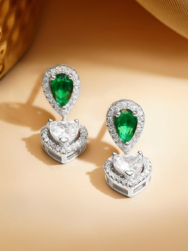 925 Fine Silver Rhodium Plated Emerald Green Heart Drop Earrings