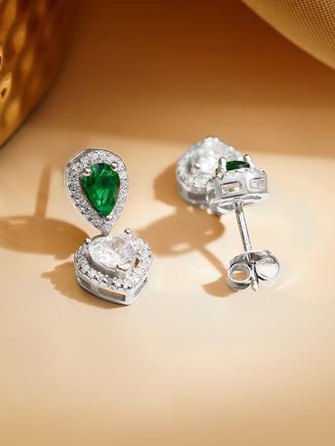 925 Fine Silver Rhodium Plated Emerald Green Heart Drop Earrings