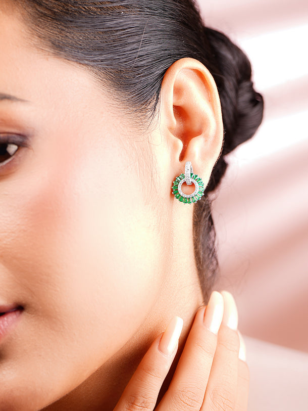 925 Fine Silver Rhodium Plated Emerald AD Circle Statement Stud Earrings