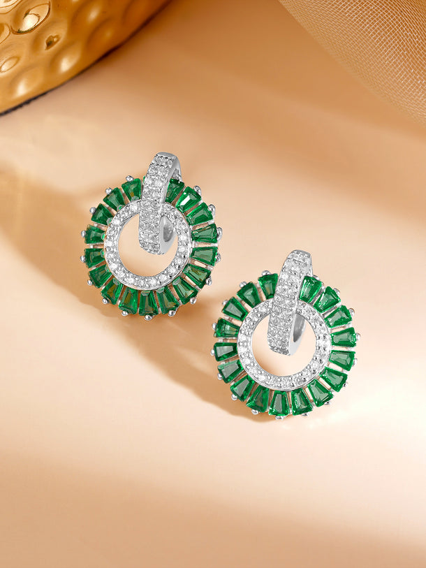 925 Fine Silver Rhodium Plated Emerald AD Circle Statement Stud Earrings