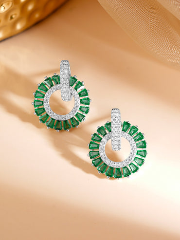 925 Fine Silver Rhodium Plated Emerald AD Circle Statement Stud Earrings