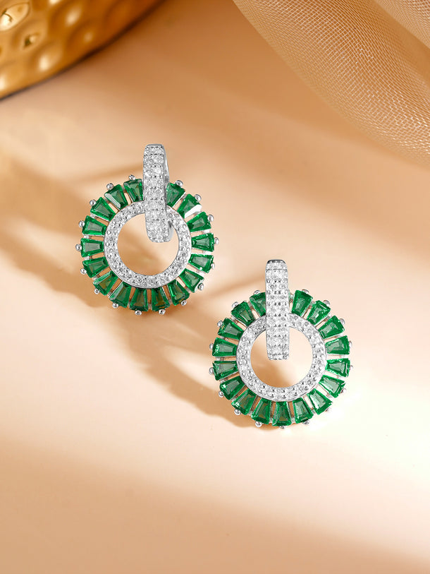 925 Fine Silver Rhodium Plated Emerald AD Circle Statement Stud Earrings
