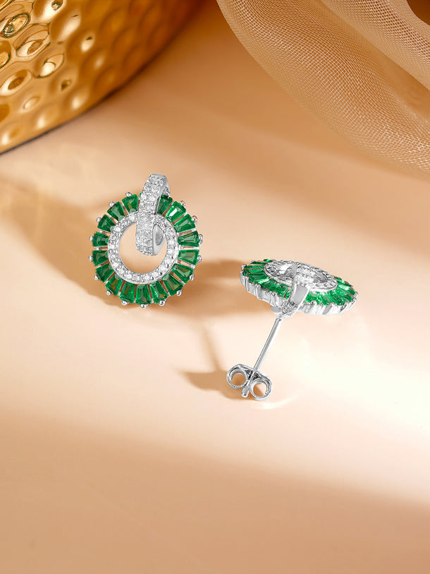 925 Fine Silver Rhodium Plated Emerald AD Circle Statement Stud Earrings