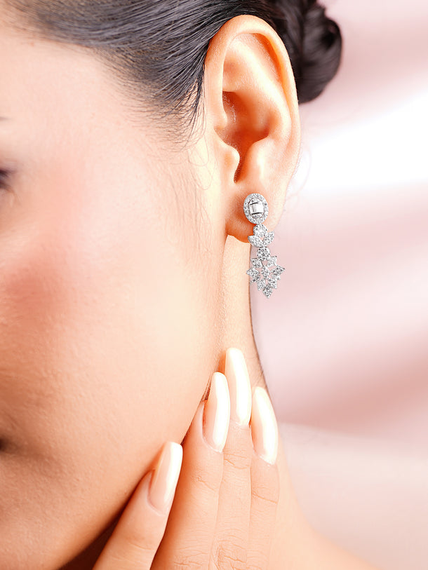 925 Fine Silver Rhodium Plated Cubic Zirconia Floral Drop Earrings