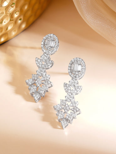 925 Fine Silver Rhodium Plated Cubic Zirconia Floral Drop Earrings