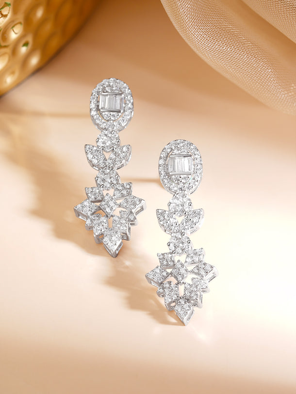 925 Fine Silver Rhodium Plated Cubic Zirconia Floral Drop Earrings