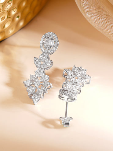 925 Fine Silver Rhodium Plated Cubic Zirconia Floral Drop Earrings
