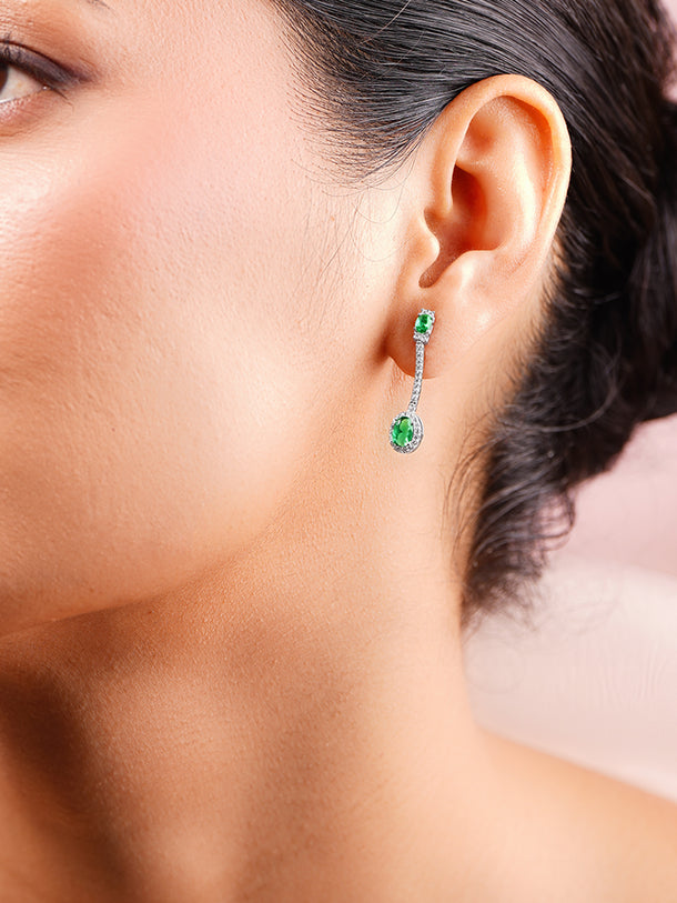 925 Fine Silver Rhodium Plated Emerald Dangler Earrings