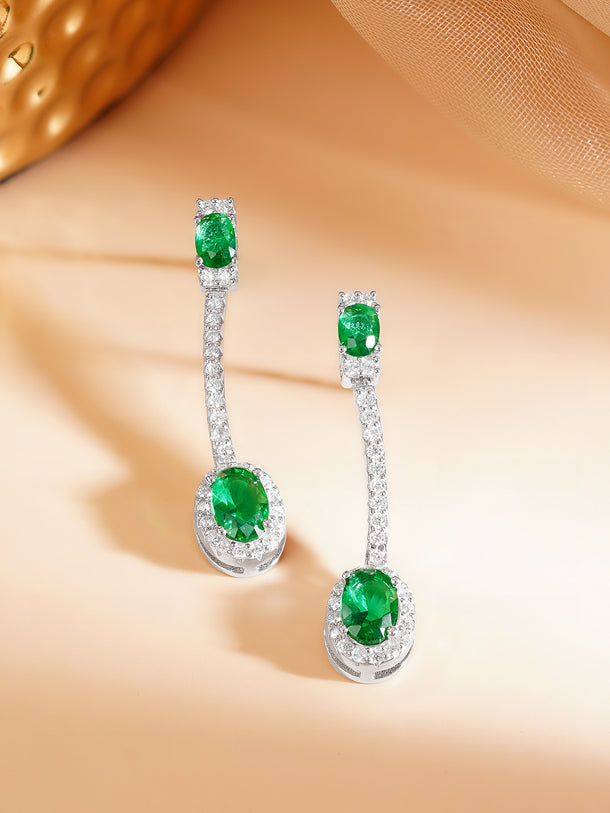 925 Fine Silver Rhodium Plated Emerald Dangler Earrings