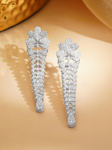 925 Fine Silver Rhodium Plated Floral Design Dangler Earrings