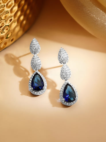 925 Fine Silver Rhodium Plated American Diamond Zirconia Blue Sapphire Earrings