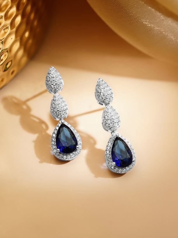 925 Fine Silver Rhodium Plated American Diamond Zirconia Blue Sapphire Earrings