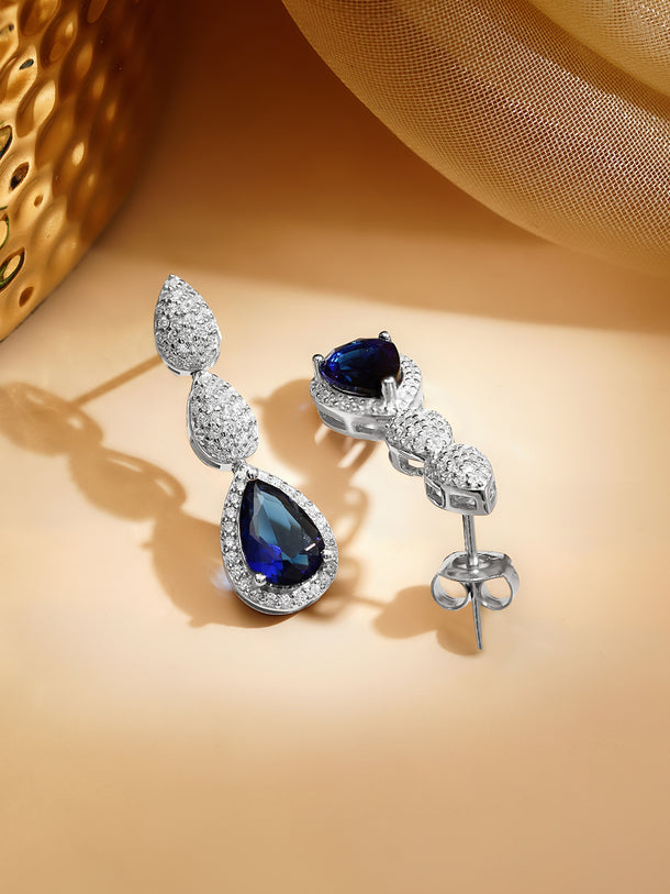 925 Fine Silver Rhodium Plated American Diamond Zirconia Blue Sapphire Earrings