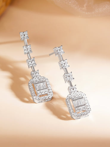 925 Fine Silver Rhodium Plated American Diamon Zirconia Geometric Dangler Earrings