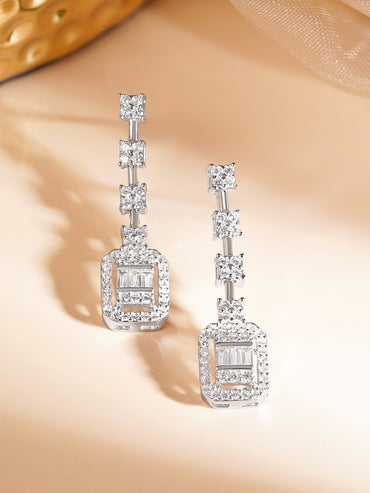 925 Fine Silver Rhodium Plated American Diamon Zirconia Geometric Dangler Earrings