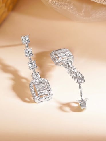 925 Fine Silver Rhodium Plated American Diamon Zirconia Geometric Dangler Earrings