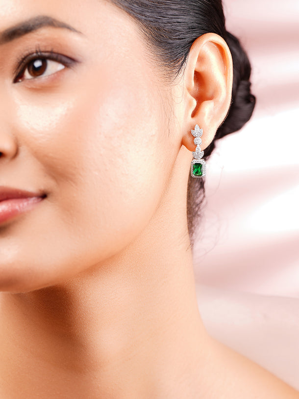 925 Fine Silver Rhodium Plated Cubic Emerald Dangler Earrings