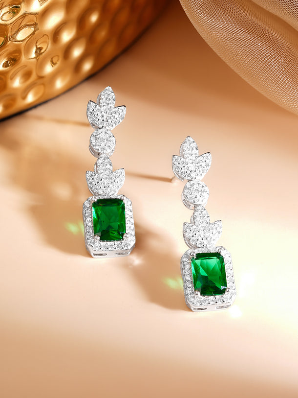 925 Fine Silver Rhodium Plated Cubic Emerald Dangler Earrings
