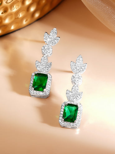 925 Fine Silver Rhodium Plated Cubic Emerald Dangler Earrings
