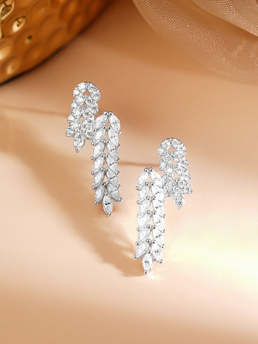 925 Fine Silver Rhodium Plated American Diamon Zirconia Abstract Design Dangler Earrings
