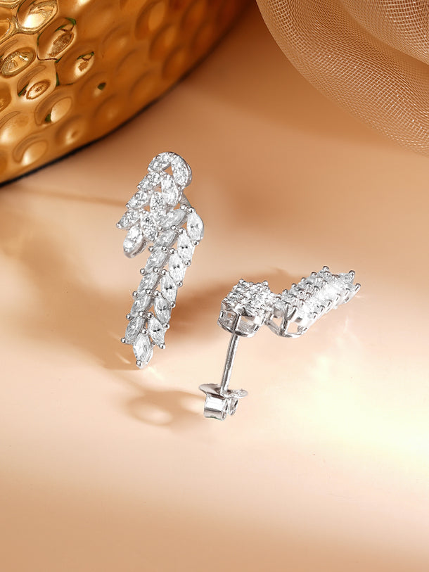 925 Fine Silver Rhodium Plated American Diamon Zirconia Abstract Design Dangler Earrings