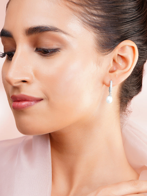 925 Fine Silver Crystal Pearl Hoop Drop Earrings