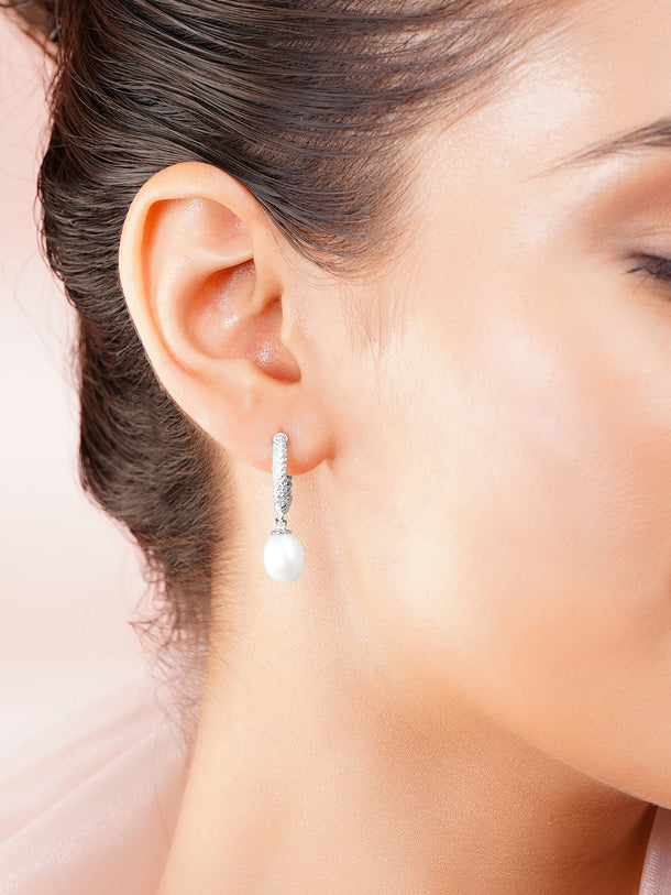 925 Fine Silver Crystal Pearl Hoop Drop Earrings