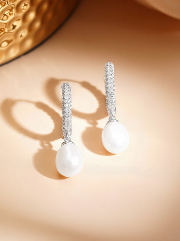 925 Fine Silver Crystal Pearl Hoop Drop Earrings