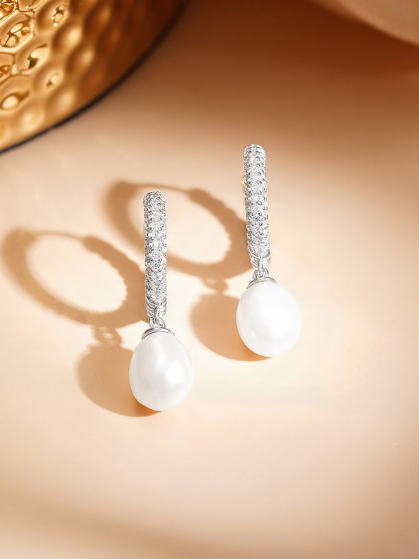 925 Fine Silver Crystal Pearl Hoop Drop Earrings