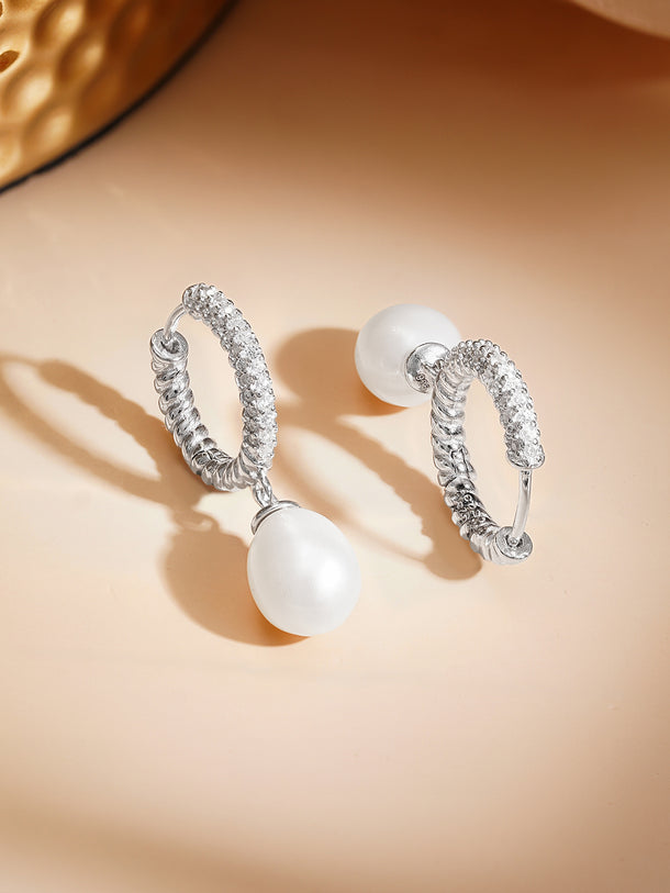 925 Fine Silver Crystal Pearl Hoop Drop Earrings
