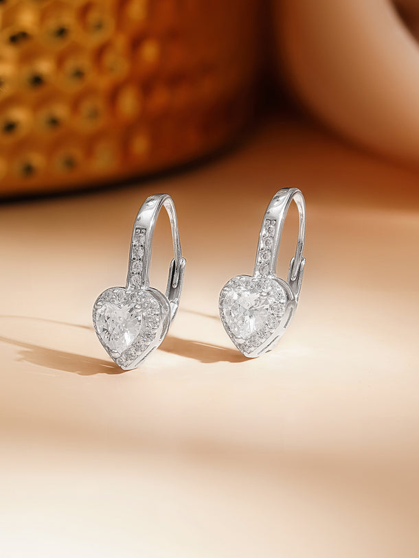 925 Fine Silver Minimal Heart Cubic Zirconia Hoop Earrings