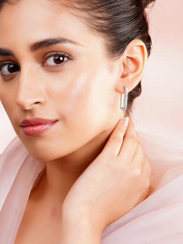 925 Fine Silver Pavé Cubic Zirconia Rectangular Hoop Earrings