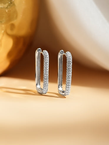 925 Fine Silver Pavé Cubic Zirconia Rectangular Hoop Earrings