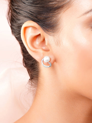 925 Fine Silver Crystal Pearl Swirl Stud Earrings