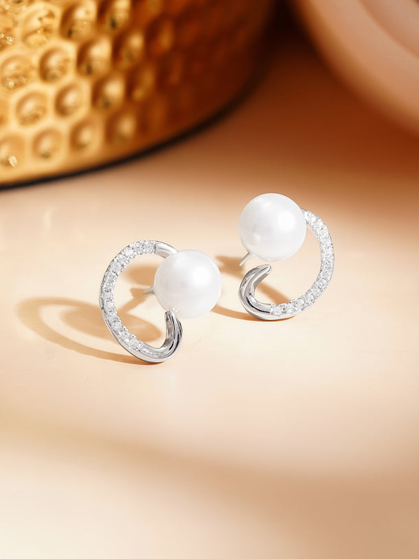 925 Fine Silver Crystal Pearl Swirl Stud Earrings
