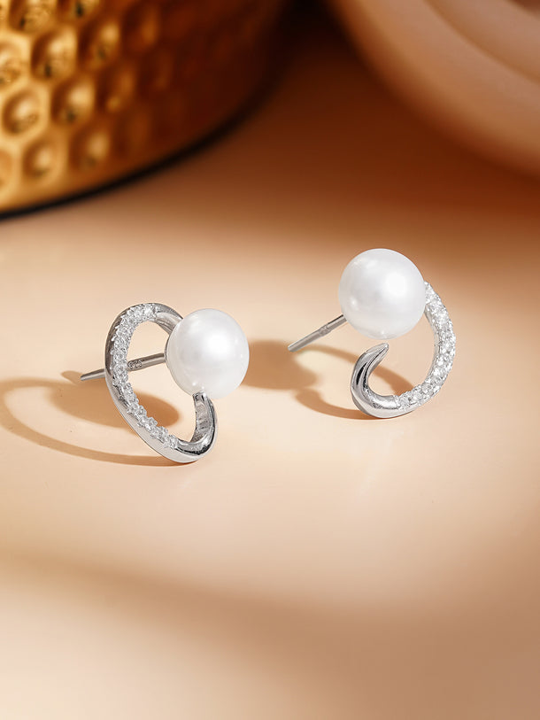 925 Fine Silver Crystal Pearl Swirl Stud Earrings
