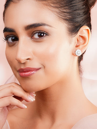 925 Fine Silver Rhodium Plated Floral Stud Earrings