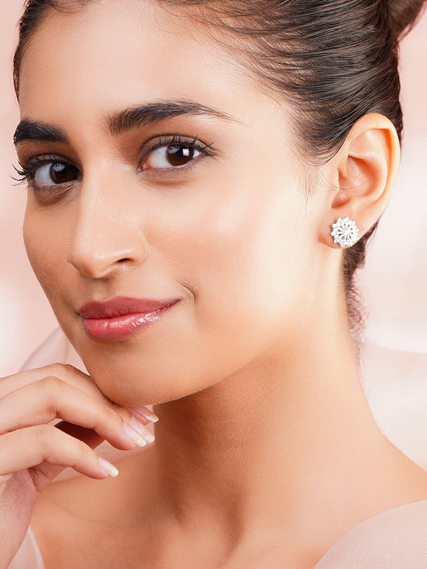 925 Fine Silver Rhodium Plated Floral Stud Earrings