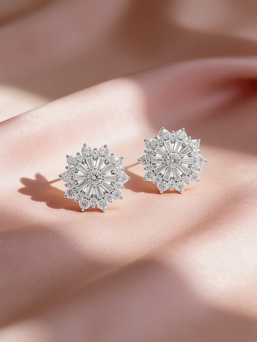925 Fine Silver Rhodium Plated Floral Stud Earrings