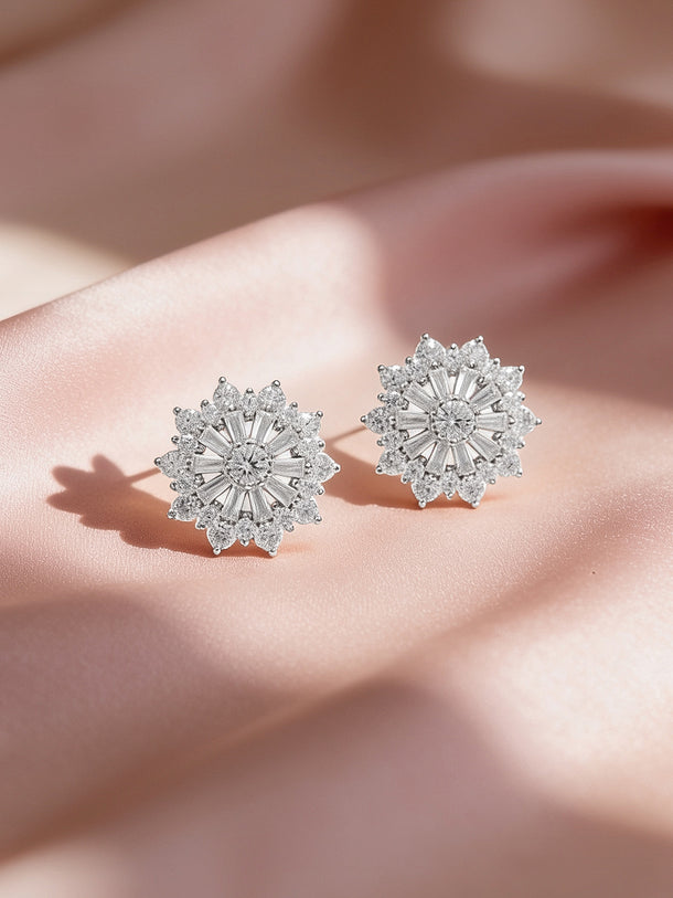 925 Fine Silver Rhodium Plated Floral Stud Earrings