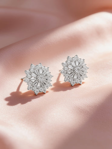 925 Fine Silver Rhodium Plated Floral Stud Earrings